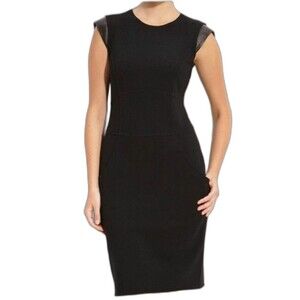 Lafayette 148 black virgin wool sheath dress with leather cap sleeves size 8
